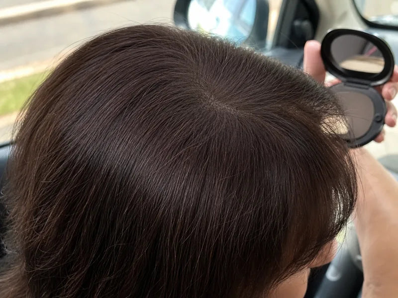Shirley T. dark brown car touch-up crown result with Standora hair density powder