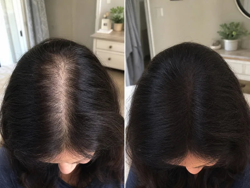 Frances N. dark hair before and after crown coverage with Standora hair density powder